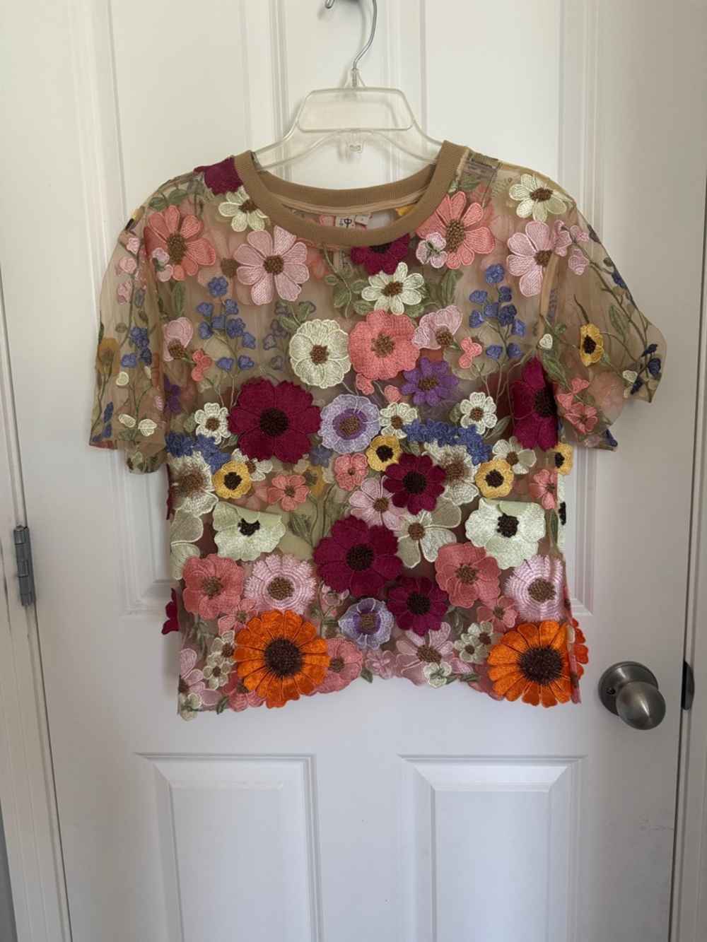 dolan Floral Embroidered Short Sleeve Tee in Tan with Multicolor Flowers
